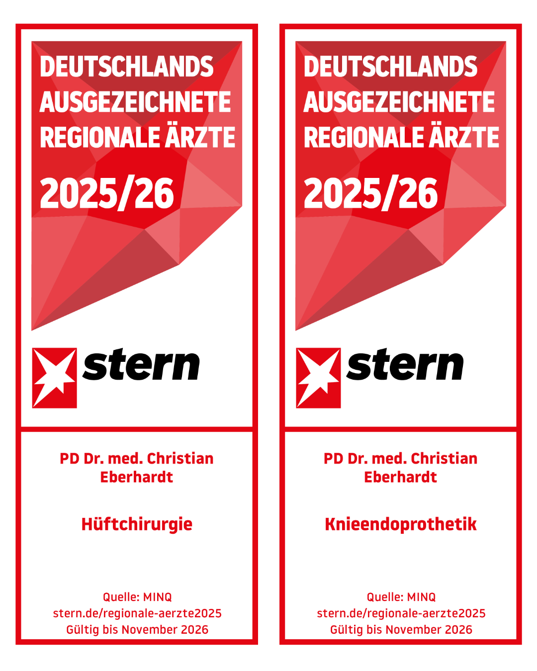 Auszeichnungen Dr Eberhardt Stern Deutschlands ausgezeichnete regionale Ärzte Auszeichnung Hüftchirurgie und Knieendoprothetik